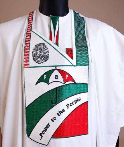 A White , PDP (People Democratic Party) pattern embroidery agbada