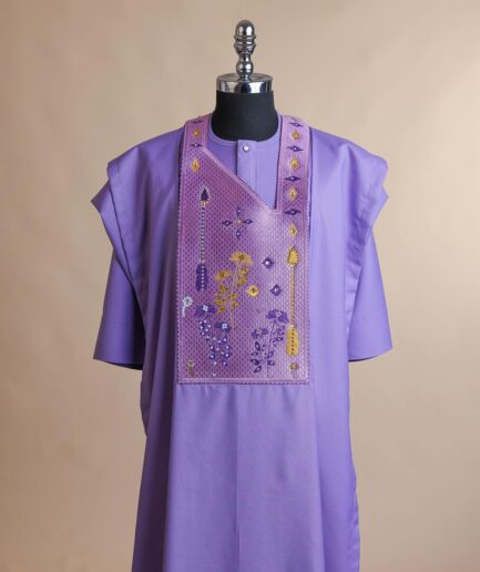 An Iris Purple, arrow & floral metallic wire embroidery design with ss30 and ss20 gold and silver Swarovski stone details agbada