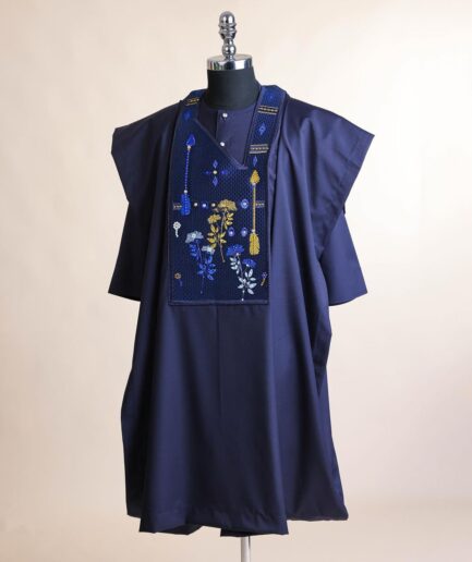 A Midnight blue, arrow and floral metallic wire embroidery design, blue and silver Swarovski stone details agbada