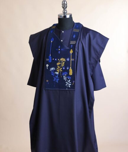 A Midnight blue, arrow and floral metallic wire embroidery design, blue and silver Swarovski stone details agbada