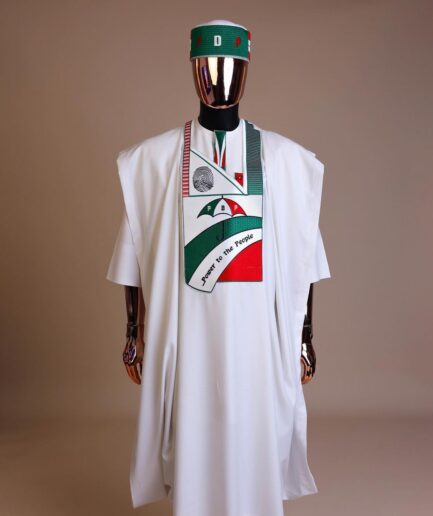 A White , PDP (People Democratic Party) pattern embroidery agbada