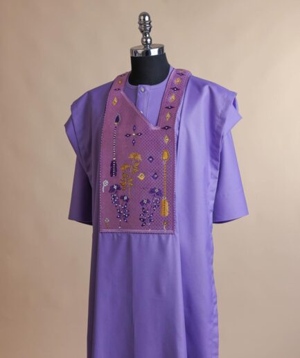 An Iris Purple, arrow & floral metallic wire embroidery design with ss30 and ss20 gold and silver Swarovski stone details agbada