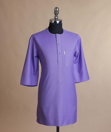 An iris purple, front flap with Swarovski button, 3/4 sleeve African senator kaftan native.