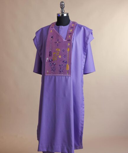 An Iris Purple, arrow & floral metallic wire embroidery design with ss30 and ss20 gold and silver Swarovski stone details agbada