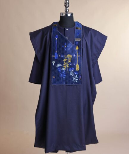 A Midnight blue, arrow and floral metallic wire embroidery design, blue and silver Swarovski stone details agbada