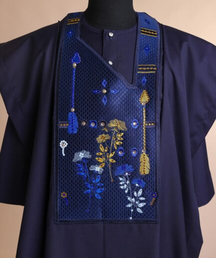 A Midnight blue, arrow and floral metallic wire embroidery design, blue and silver Swarovski stone details agbada