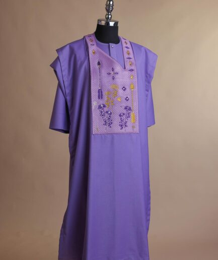 An Iris Purple, arrow & floral metallic wire embroidery design with ss30 and ss20 gold and silver Swarovski stone details agbada