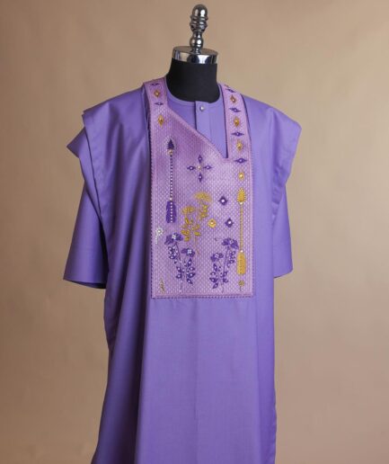 An Iris Purple, arrow & floral metallic wire embroidery design with ss30 and ss20 gold and silver Swarovski stone details agbada
