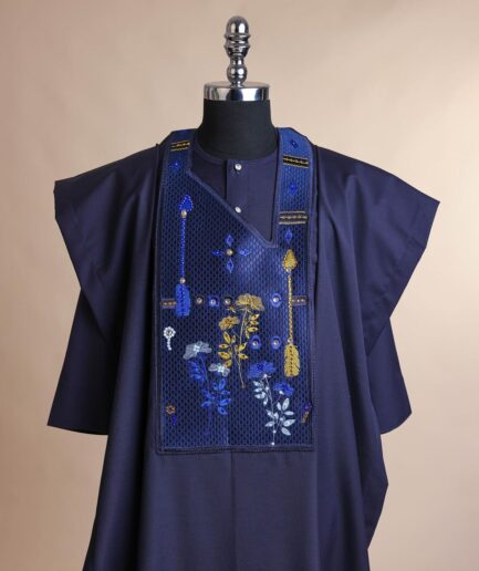 A Midnight blue, arrow and floral metallic wire embroidery design, blue and silver Swarovski stone details agbada