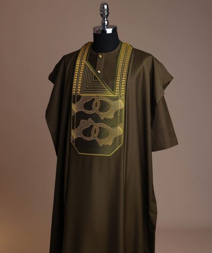 A Dark Olive Green, Connected Medulla And Wooven Pattern Embroidery Detailing Agbada