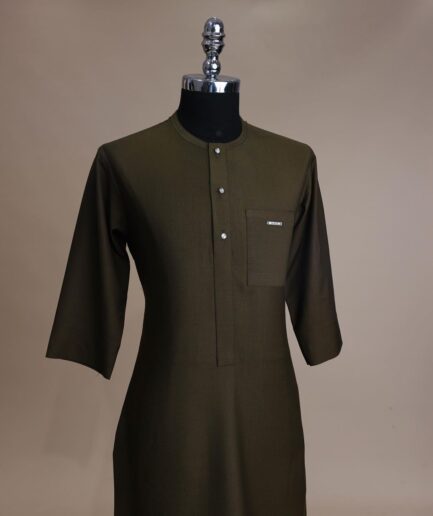 A Dark Olive Green, Front Flap With Clear View Swarovski Button, 3/4 Sleeve African Senator Kaftan Native.