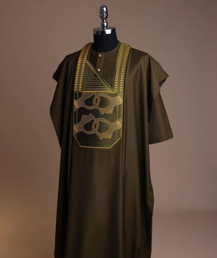 A Dark Olive Green, Connected Medulla And Wooven Pattern Embroidery Detailing Agbada