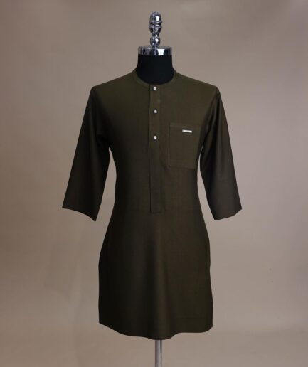 A Dark Olive Green, Front Flap With Clear View Swarovski Button, 3/4 Sleeve African Senator Kaftan Native.
