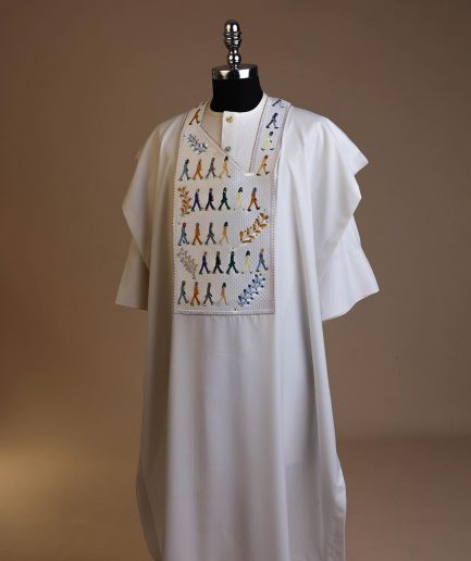 A White, walking “The Beatles” canvas wire embroidery design with ss30 and ss20 gold, Blue and grey Swarovski stone details agbada