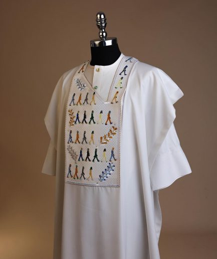 A White, walking “The Beatles” canvas wire embroidery design with ss30 and ss20 gold, Blue and grey Swarovski stone details agbada