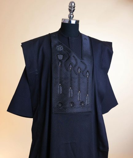 A Monochrome Charcoal Black, arrow & floral metallic wire embroidery design Swarovski stone details agbada