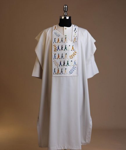 A White, walking “The Beatles” canvas wire embroidery design with ss30 and ss20 gold, Blue and grey Swarovski stone details agbada