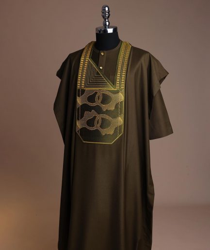 A Dark Olive Green, Connected Medulla And Wooven Pattern Embroidery Detailing Agbada