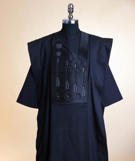 A Monochrome Charcoal Black, arrow & floral metallic wire embroidery design Swarovski stone details agbada