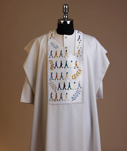 A White, walking “The Beatles” canvas wire embroidery design with ss30 and ss20 gold, Blue and grey Swarovski stone details agbada