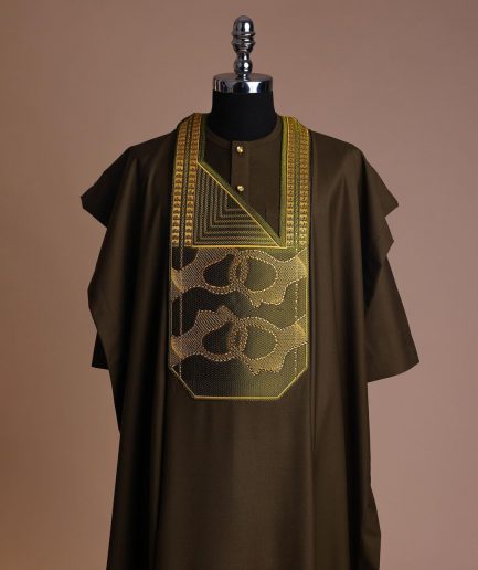 A Dark Olive Green, Connected Medulla And Wooven Pattern Embroidery Detailing Agbada