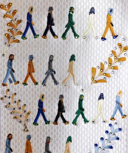 A White, walking “The Beatles” canvas wire embroidery design with ss30 and ss20 gold, Blue and grey Swarovski stone details agbada