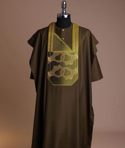 A Dark Olive Green, Connected Medulla And Wooven Pattern Embroidery Detailing Agbada