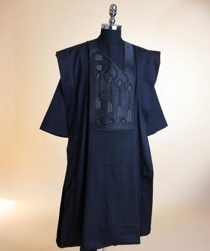 A Monochrome Charcoal Black, arrow & floral metallic wire embroidery design Swarovski stone details agbada