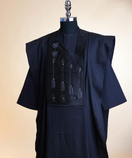 A Monochrome Charcoal Black, arrow & floral metallic wire embroidery design Swarovski stone details agbada