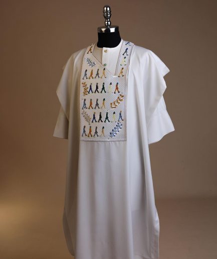 A White, walking “The Beatles” canvas wire embroidery design with ss30 and ss20 gold, Blue and grey Swarovski stone details agbada