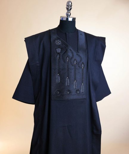 A Monochrome Charcoal Black, arrow & floral metallic wire embroidery design Swarovski stone details agbada