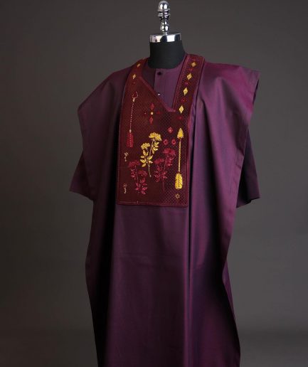A Burgundy, arrow & floral metallic wire embroidery design silver Swarovski stone details agbada