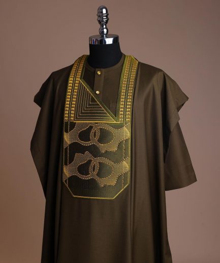 A Dark Olive Green, Connected Medulla And Wooven Pattern Embroidery Detailing Agbada