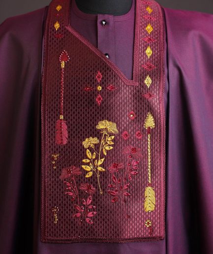 A Burgundy, arrow & floral metallic wire embroidery design silver Swarovski stone details agbada