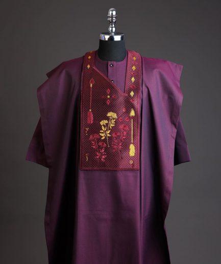 A Burgundy, arrow & floral metallic wire embroidery design silver Swarovski stone details agbada