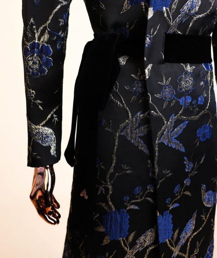 A Gold, black and blue double breasted safari suit, raven and forest metallic pattern jacquard