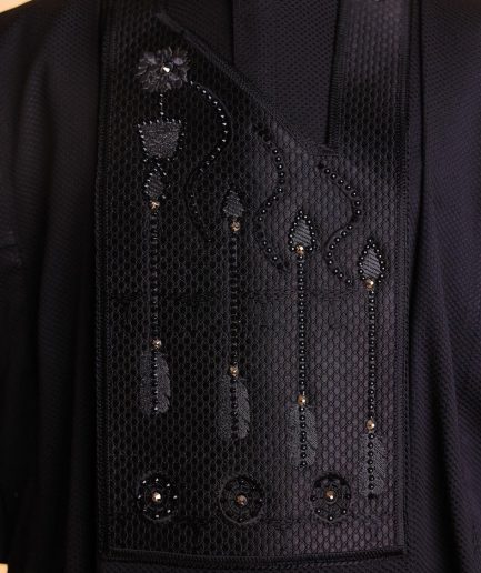 A Monochrome Charcoal Black, arrow & floral metallic wire embroidery design Swarovski stone details agbada