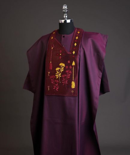 A Burgundy, arrow & floral metallic wire embroidery design silver Swarovski stone details agbada