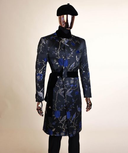 A Gold, black and blue double breasted safari suit, raven and forest metallic pattern jacquard