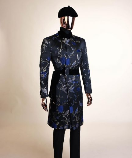 A Gold, black and blue double breasted safari suit, raven and forest metallic pattern jacquard