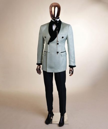 A shawl lapel, Double breathed, pick stitched splashed navy mint green, cream metallic jacquard tuxedo suit