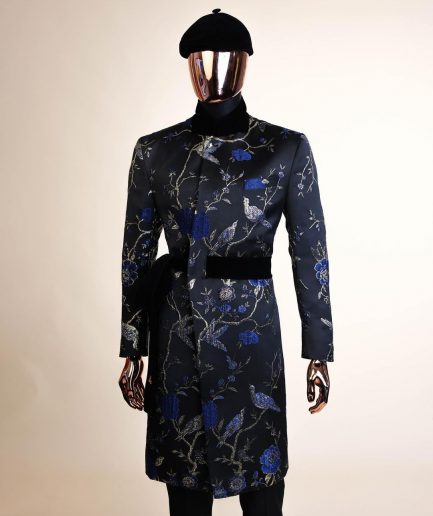 A Gold, black and blue double breasted safari suit, raven and forest metallic pattern jacquard