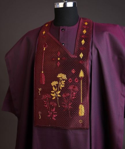 A Burgundy, arrow & floral metallic wire embroidery design silver Swarovski stone details agbada