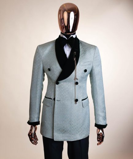 A shawl lapel, Double breathed, pick stitched splashed navy mint green, cream metallic jacquard tuxedo suit