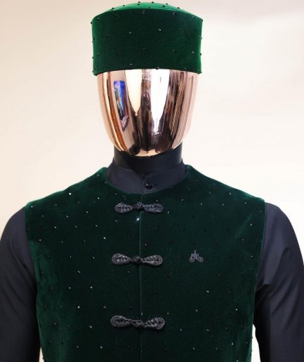 A Charcoal black long sleeve kaftan, Sacramento green velvet jacket, hat and sokoto African traditional senator kaftan native.