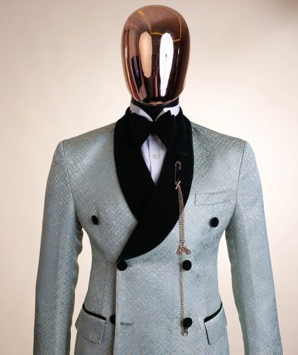 A shawl lapel, Double breathed, pick stitched splashed navy mint green, cream metallic jacquard tuxedo suit