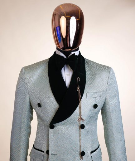 A shawl lapel, Double breathed, pick stitched splashed navy mint green, cream metallic jacquard tuxedo suit