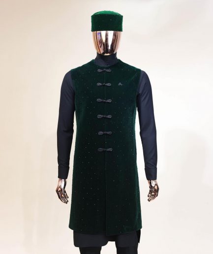 A Charcoal black long sleeve kaftan, Sacramento green velvet jacket, hat and sokoto African traditional senator kaftan native.