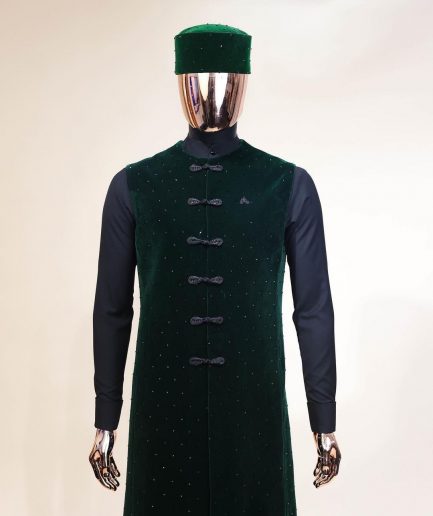 A Charcoal black long sleeve kaftan, Sacramento green velvet jacket, hat and sokoto African traditional senator kaftan native.