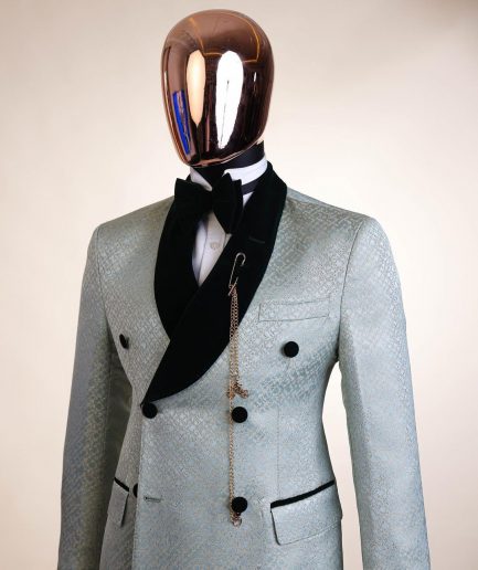 A shawl lapel, Double breathed, pick stitched splashed navy mint green, cream metallic jacquard tuxedo suit